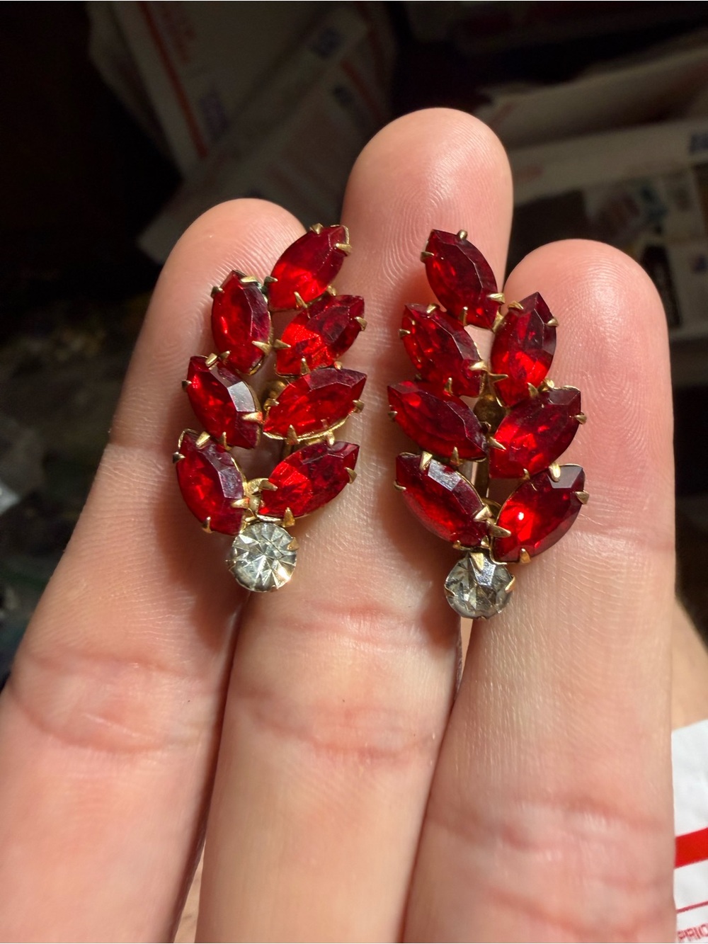 Vintage Red Crystal Leaf Cluster Earrings